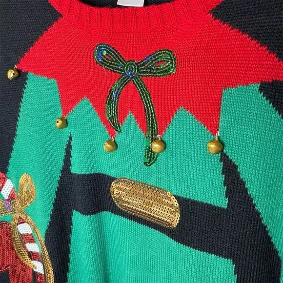 Ugly Christmas Sweater Black and Red Elf Design - Picture 3 of 4